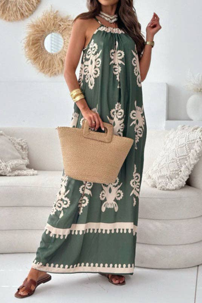 Uoozee-Official Loose Sleeveless Printed Split-Joint Spaghetti-Neck Maxi Dresses Green / M