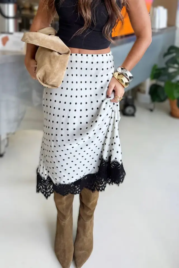 Polka Dot Lace-Hem Midi Skirt – Gisele Tune Clothing