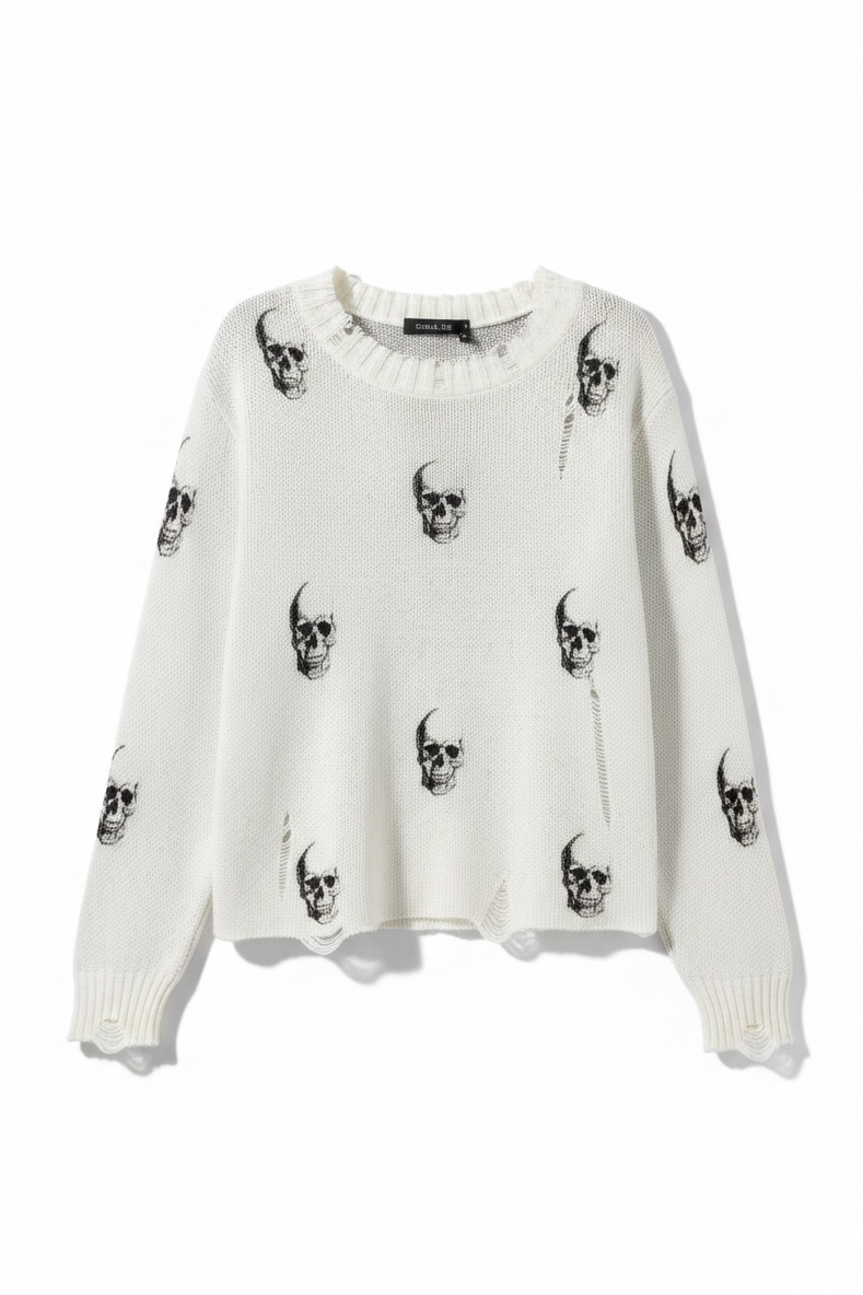 White Woven Sweater with Black Skulls – Gisele Tune Clothing