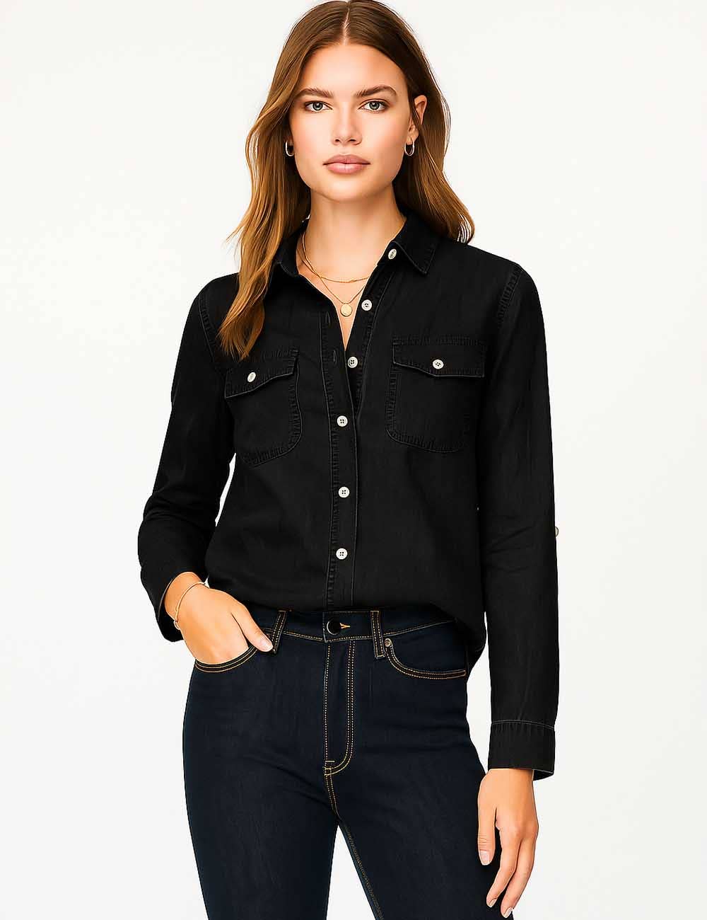 Ladies Turn Down Collar Flap Pockets Denim Shirt