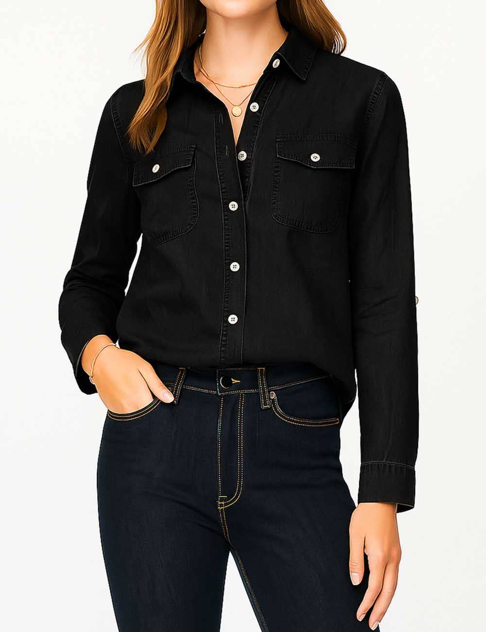 Ladies Turn Down Collar Flap Pockets Denim Shirt