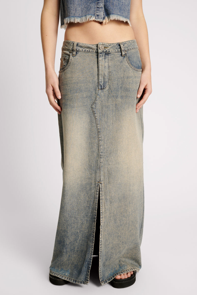 DIRTY BLUE DENIM COLUMN SKIRT