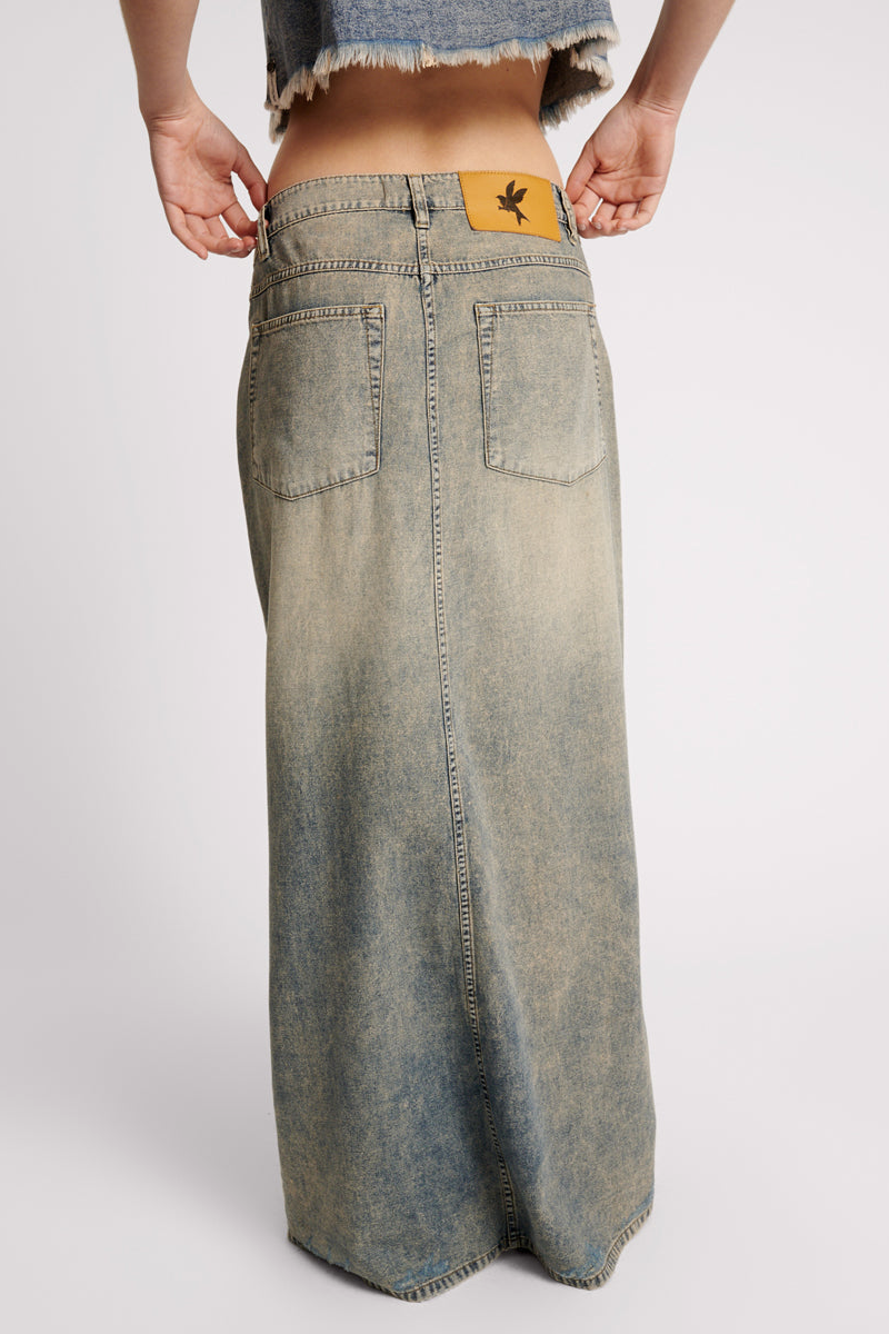 DIRTY BLUE DENIM COLUMN SKIRT