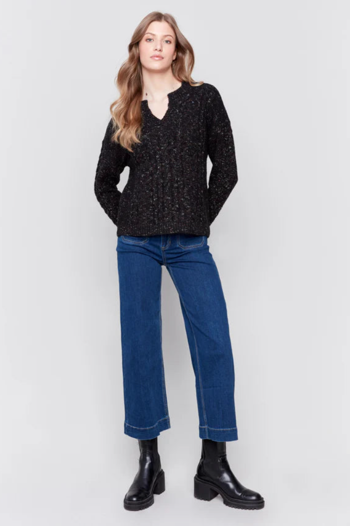 Speckled Yarn Cable Knit Sweater - Black