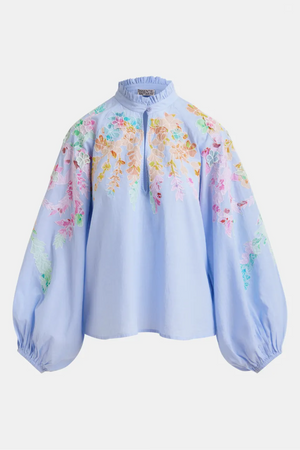 Light blue cotton top with floral embroidery and mandarin collar