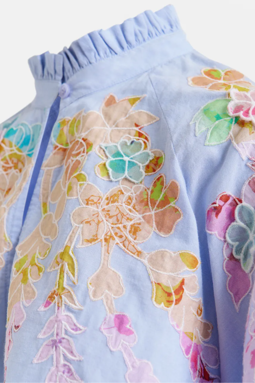 Light blue cotton top with floral embroidery and mandarin collar