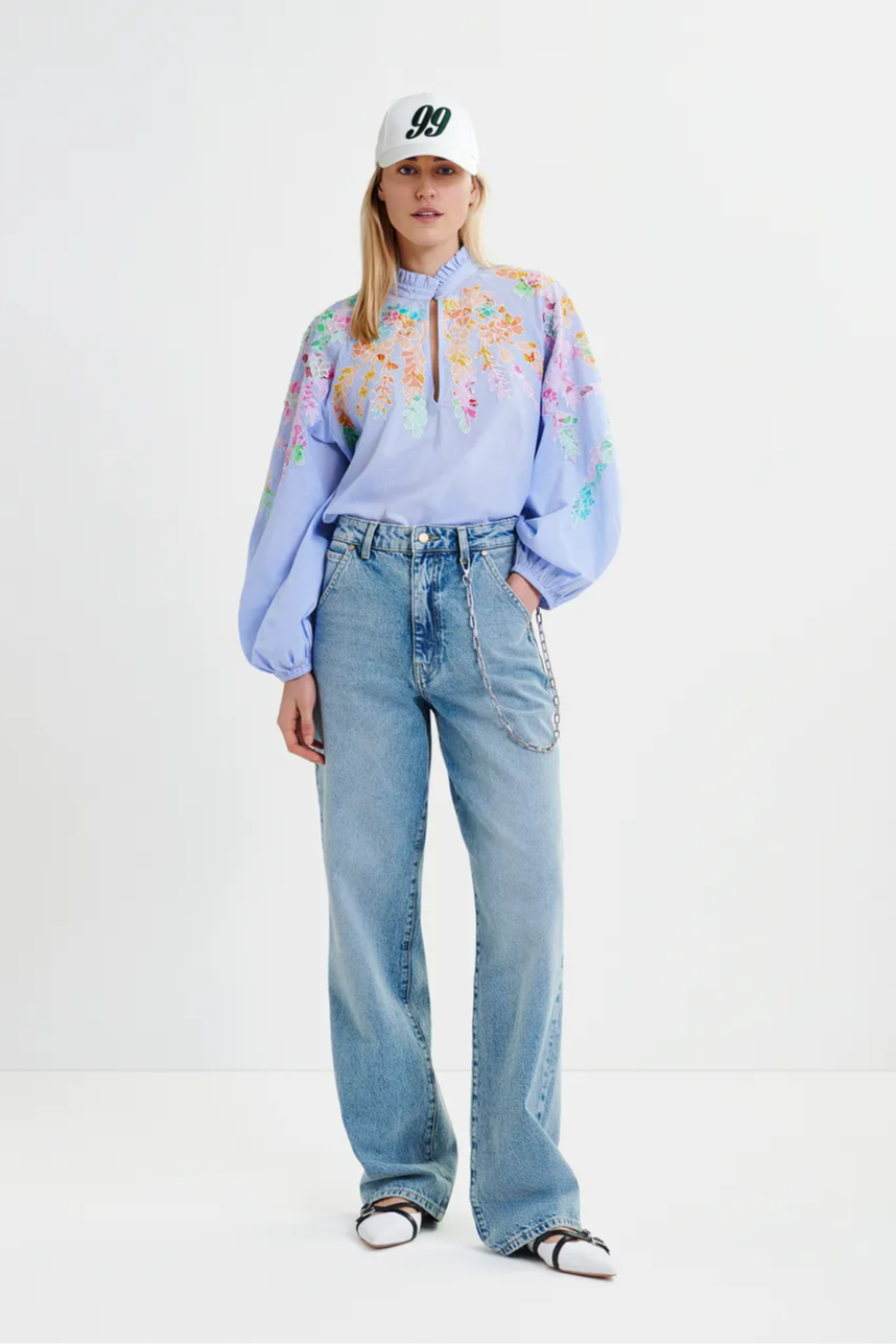 Light blue cotton top with floral embroidery and mandarin collar