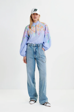 Light blue cotton top with floral embroidery and mandarin collar