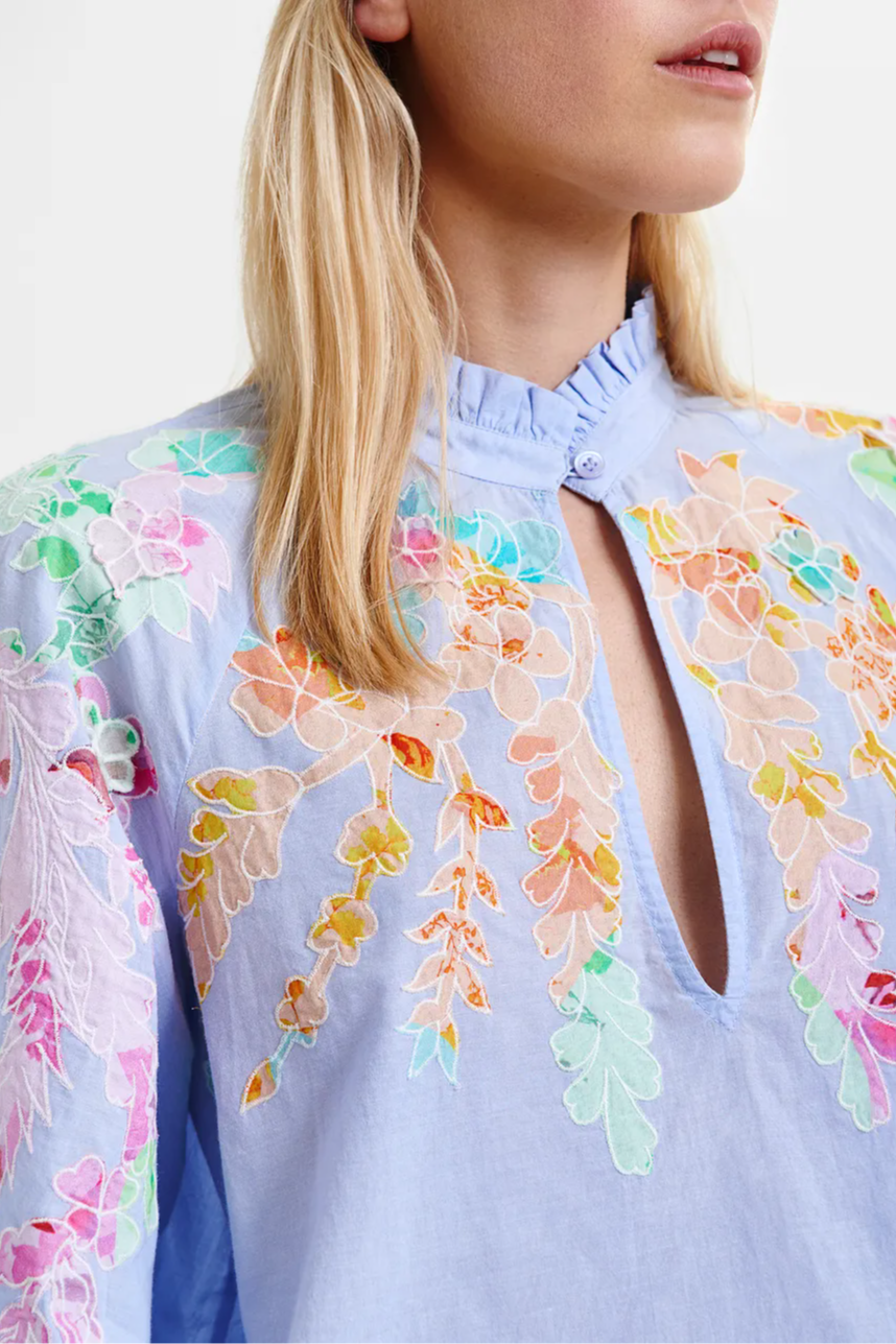 Light blue cotton top with floral embroidery and mandarin collar