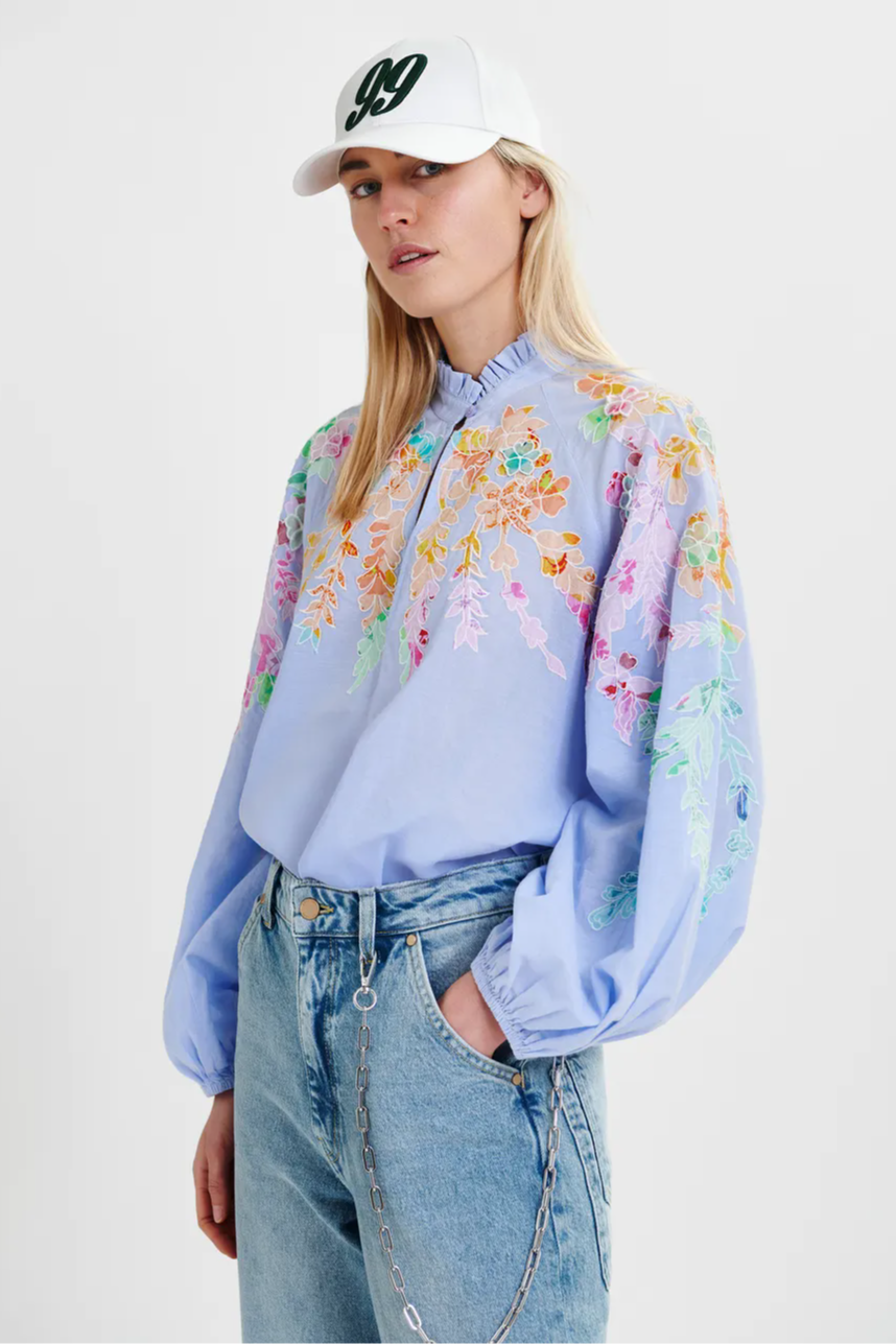 Light blue cotton top with floral embroidery and mandarin collar