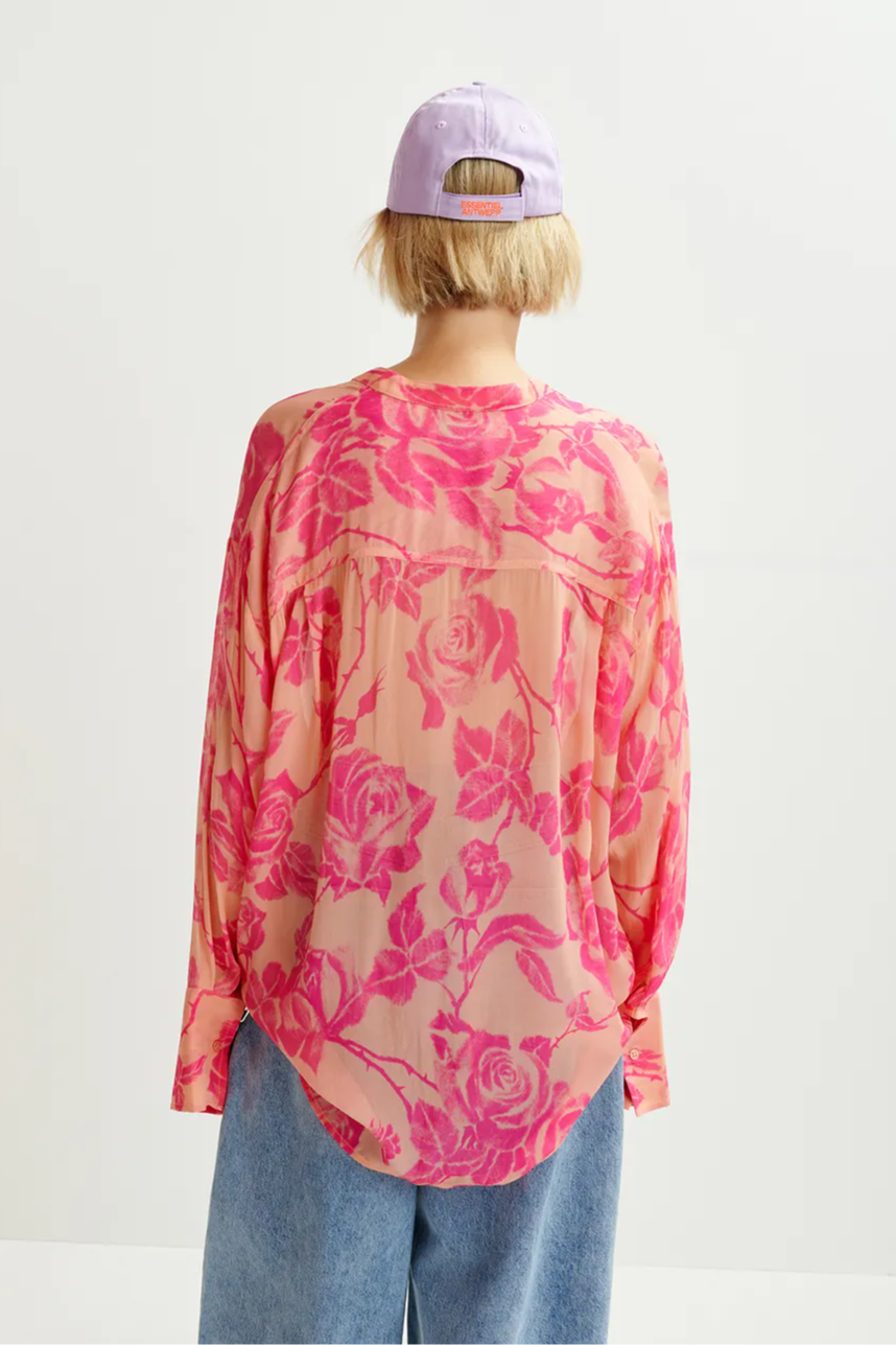 Beige and pink floral shirt with mandarin collar