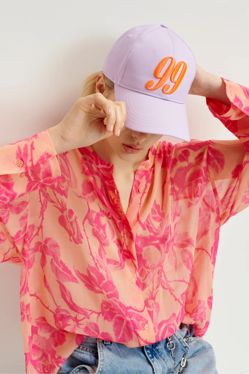 Beige and pink floral shirt with mandarin collar