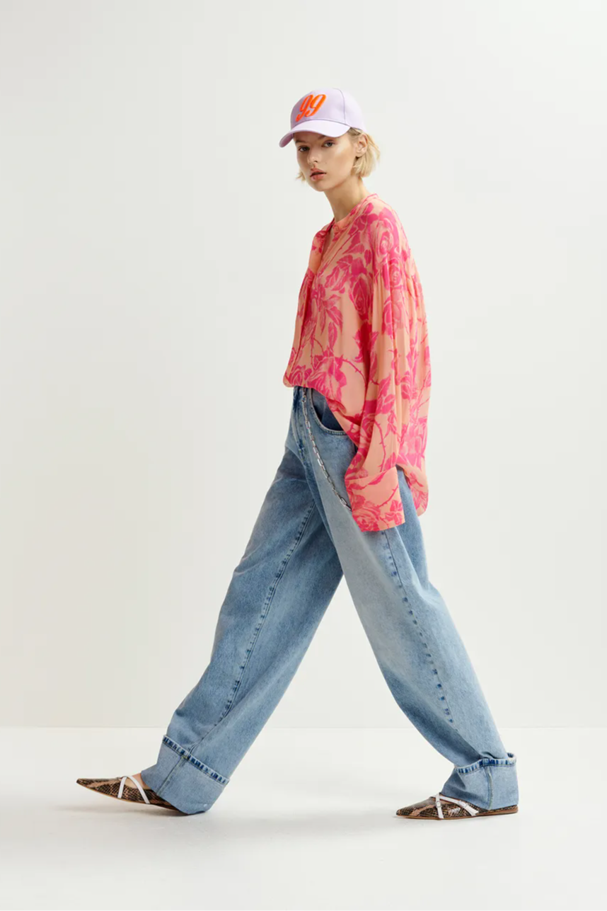 Beige and pink floral shirt with mandarin collar