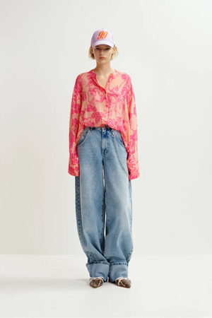 Beige and pink floral shirt with mandarin collar