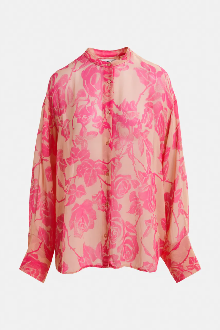 Beige and pink floral shirt with mandarin collar