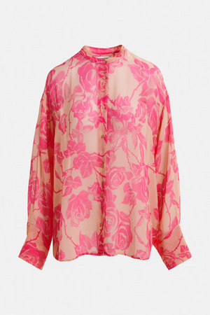 Beige and pink floral shirt with mandarin collar