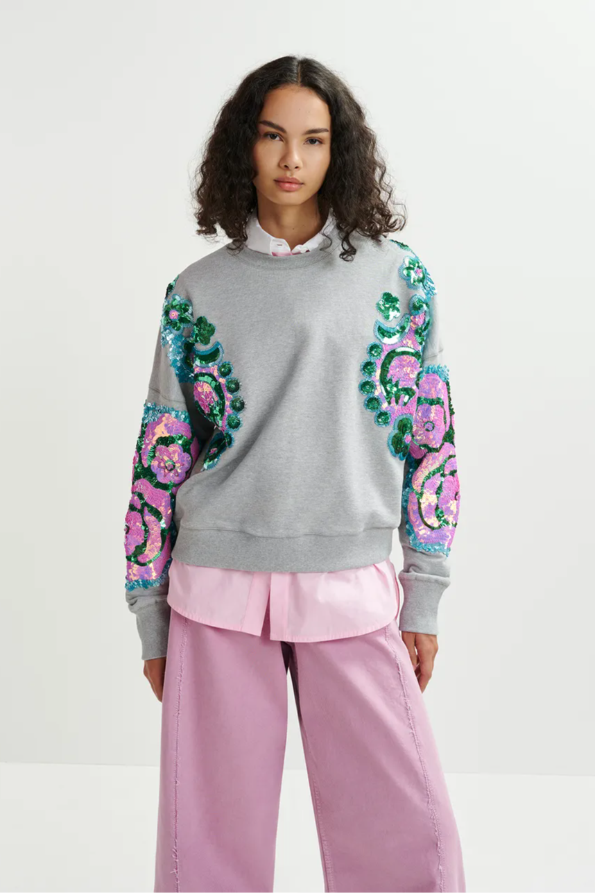 Grey, pink and blue organic cotton sweatshirt with sequin and bead-embroidered sleeves