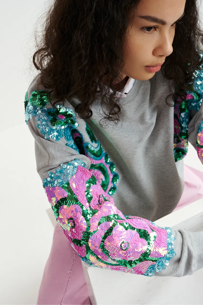 Grey, pink and blue organic cotton sweatshirt with sequin and bead-embroidered sleeves