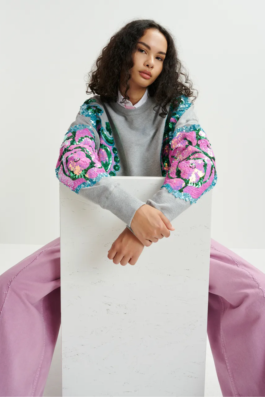 Grey, pink and blue organic cotton sweatshirt with sequin and bead-embroidered sleeves