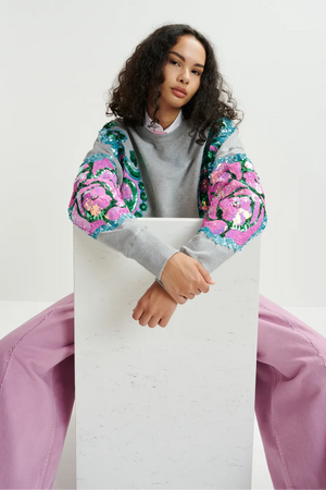 Grey, pink and blue organic cotton sweatshirt with sequin and bead-embroidered sleeves