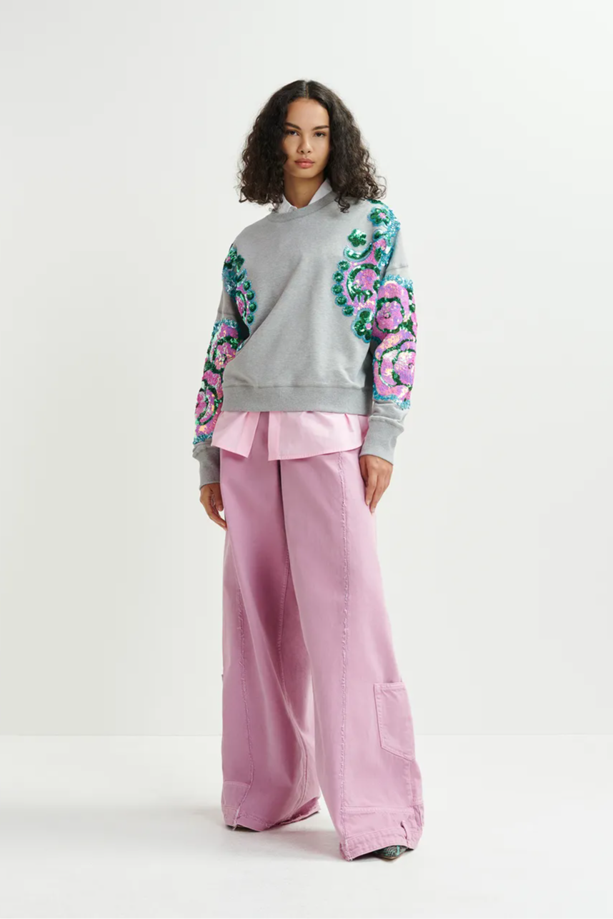 Grey, pink and blue organic cotton sweatshirt with sequin and bead-embroidered sleeves