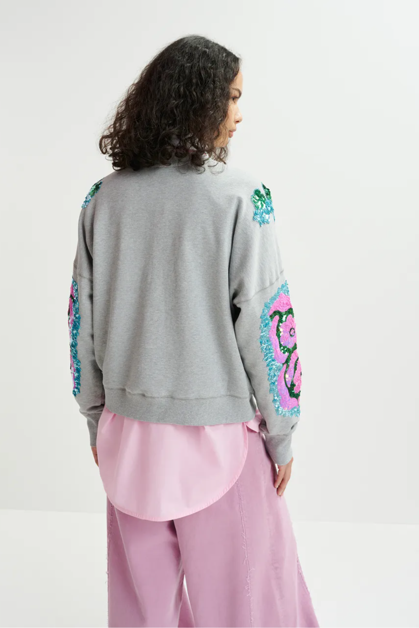 Grey, pink and blue organic cotton sweatshirt with sequin and bead-embroidered sleeves