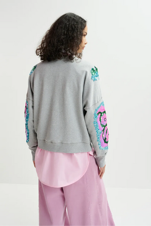 Grey, pink and blue organic cotton sweatshirt with sequin and bead-embroidered sleeves
