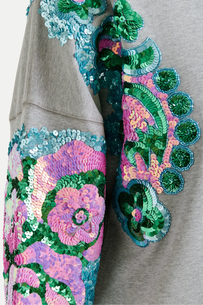 Grey, pink and blue organic cotton sweatshirt with sequin and bead-embroidered sleeves