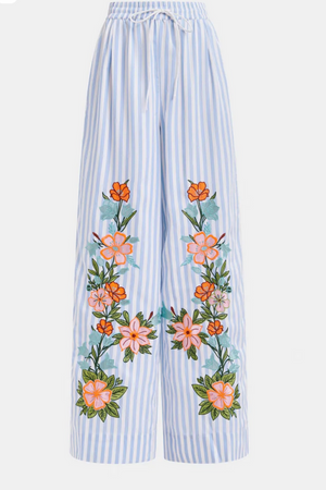 Blue, white and multicolored wide-leg pants with contrast border and embroideries