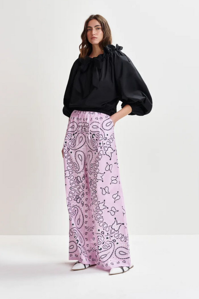Lilac and black bandana print wide-leg cotton pants