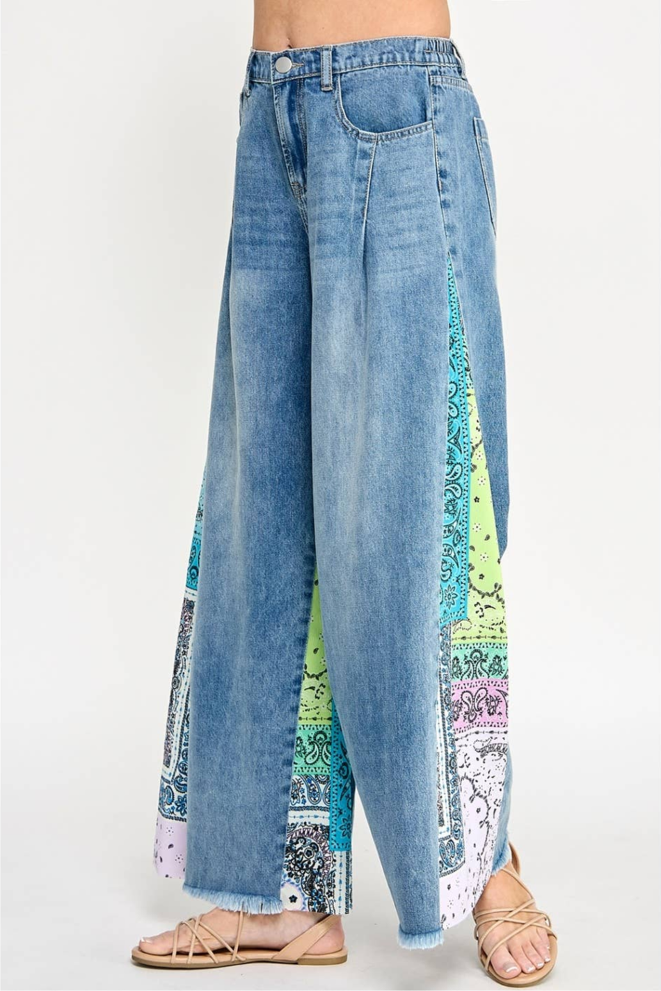 Denim Palazzo Pant w/ Paisley Side Print