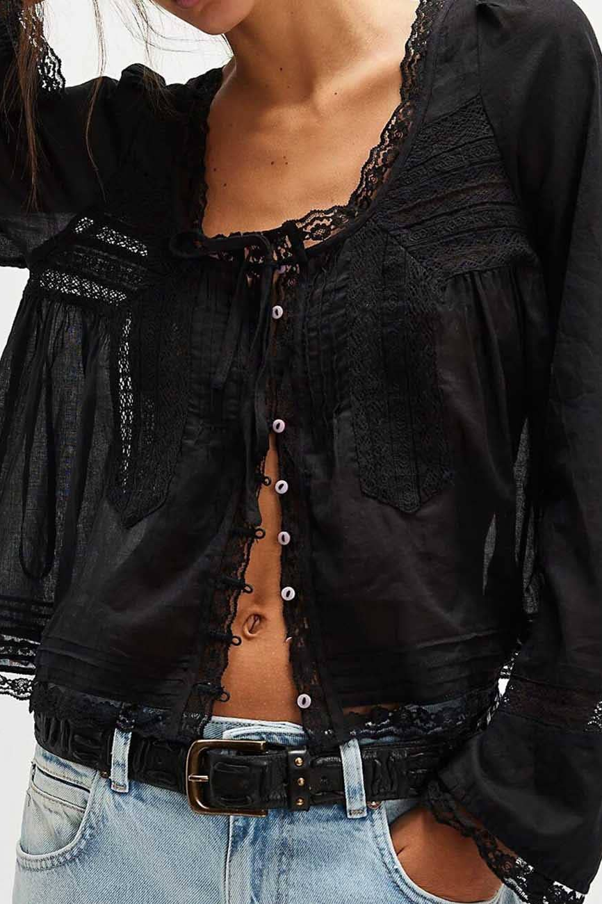 Ladies U-Neck Lace Splice Hollow Out Blouse Top