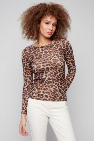 Printed Leopard Mesh Shirt w/Gathering
