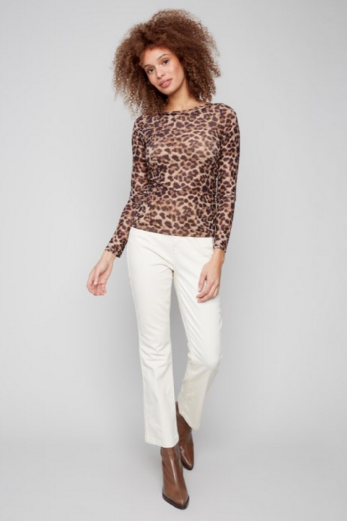 Printed Leopard Mesh Shirt w/Gathering
