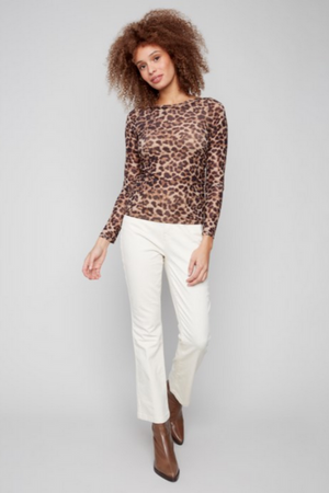 Printed Leopard Mesh Shirt w/Gathering