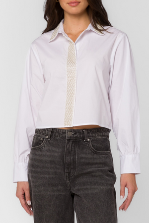 Soleil White Pearl Trim Cropped Blouse