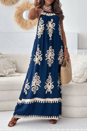 Loose Sleeveless Printed Split-Joint Spaghetti-Neck Maxi Dresses
