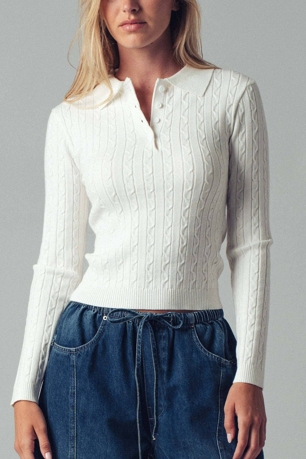 Classic Cable Knit Polo Sweater Top