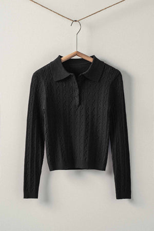 Classic Cable Knit Polo Sweater Top