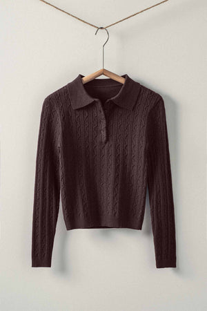 Classic Cable Knit Polo Sweater Top