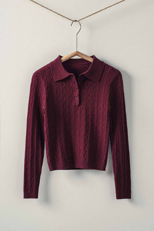 Classic Cable Knit Polo Sweater Top