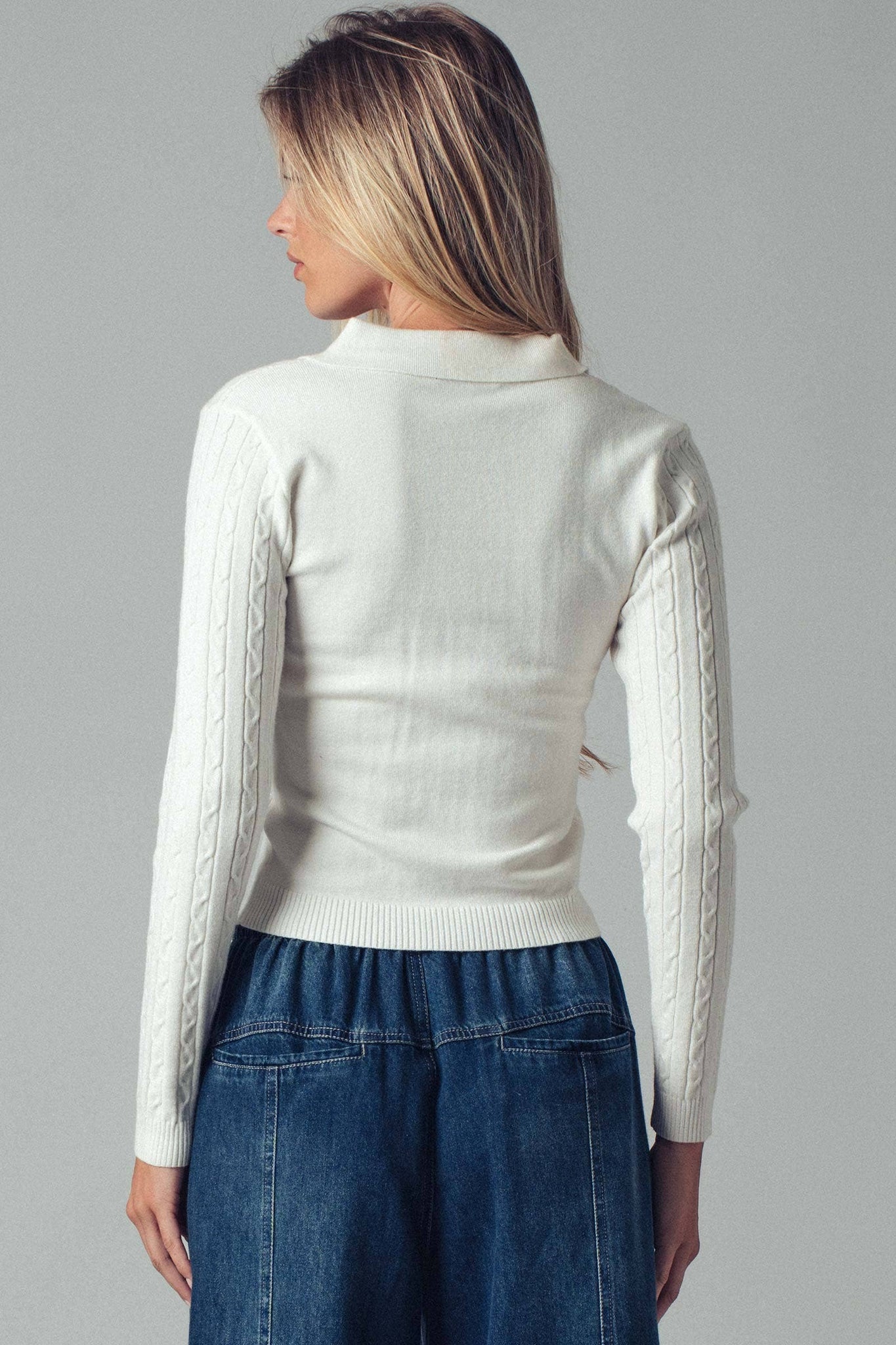 Classic Cable Knit Polo Sweater Top