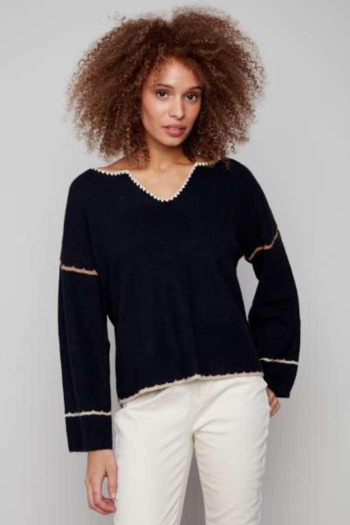 Notched Neck Rib Embroidered Sweater