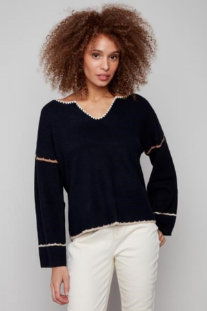 Notched Neck Rib Embroidered Sweater