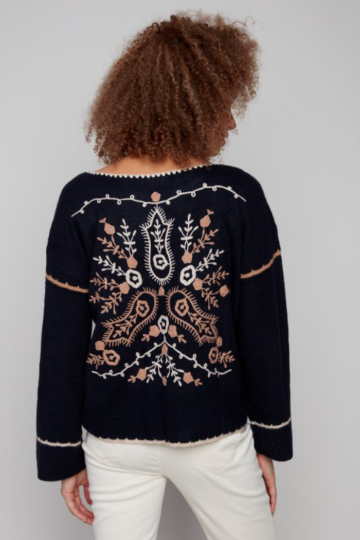Notched Neck Rib Embroidered Sweater