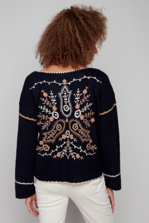 Notched Neck Rib Embroidered Sweater