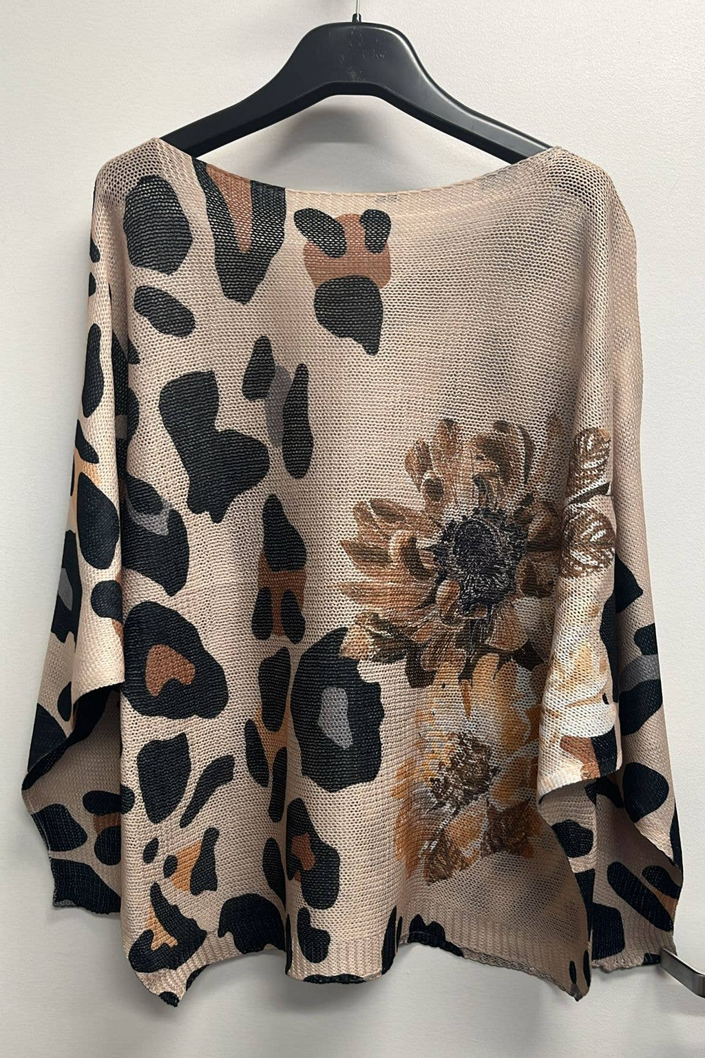 Beige Leopard Round Neck Knit Printed Sweater