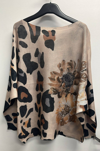 Beige Leopard Round Neck Knit Printed Sweater