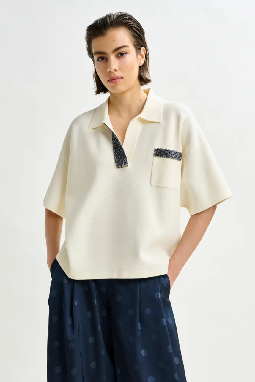 Off-white and grey polo top with bead embellishments