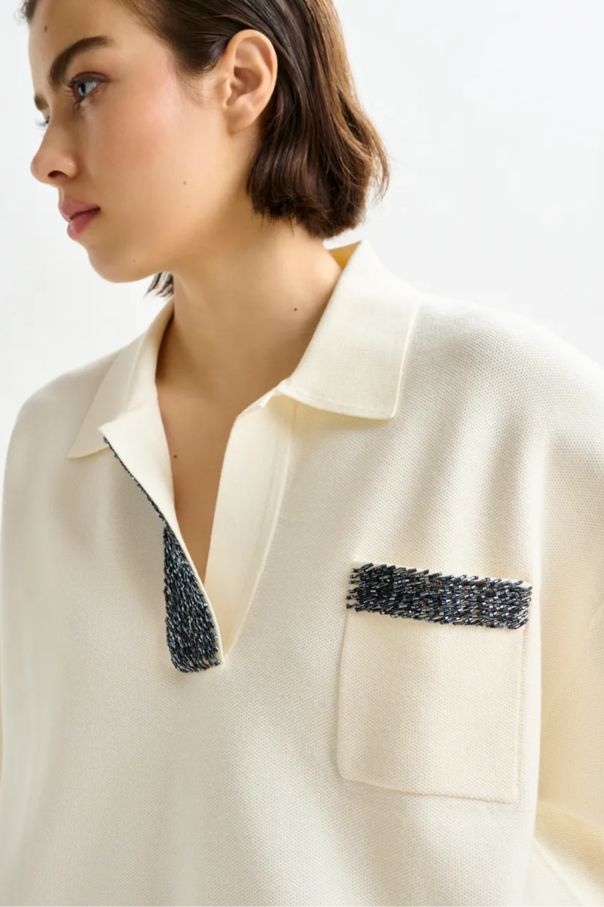 Off-white and grey polo top with bead embellishments